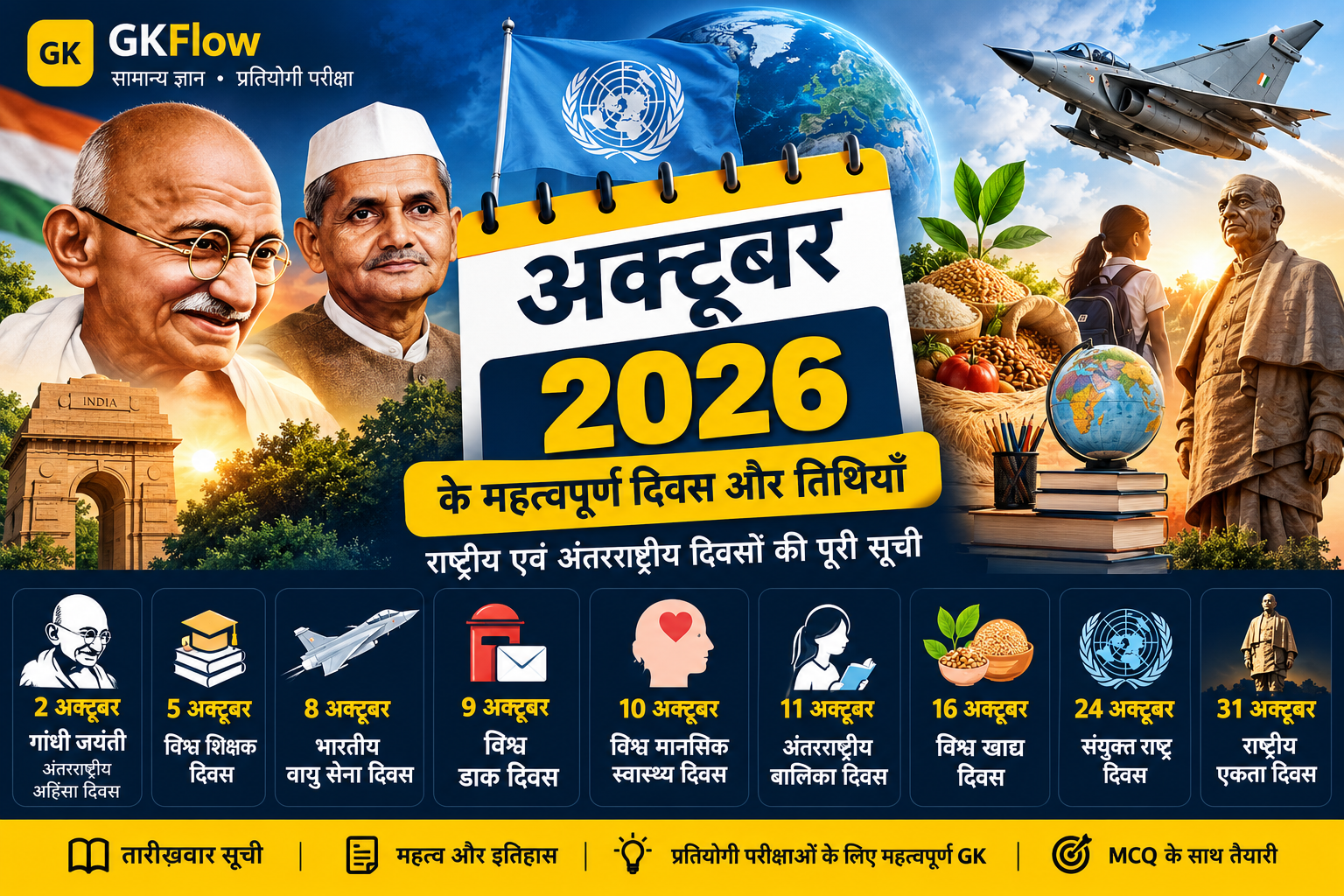 अक्टूबर 2026 के महत्वपूर्ण दिवस और तिथियाँ – गांधी जयंती, भारतीय वायु सेना दिवस, विश्व खाद्य दिवस, संयुक्त राष्ट्र दिवस और राष्ट्रीय एकता दिवस की सूची | GKFlow